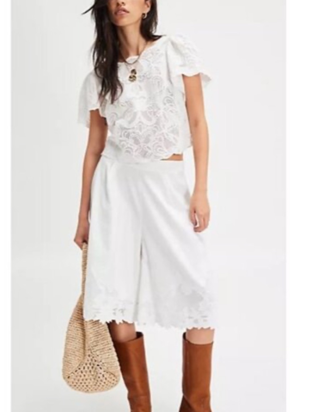 Free People White Lace-Trim Culotte Trousers set